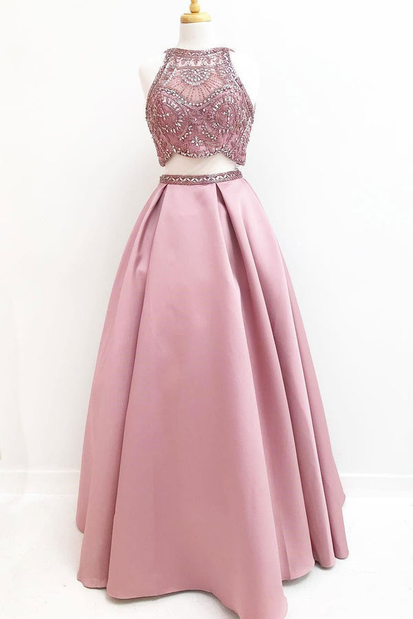 Pink two pieces beads satin long prom dress, pink evening dress