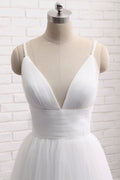 Simple white v neck tulle long prom dress