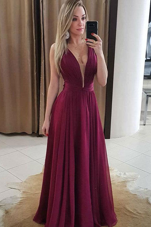 Simple v neck chiffon burgundy long prom dress, burgundy evening dress