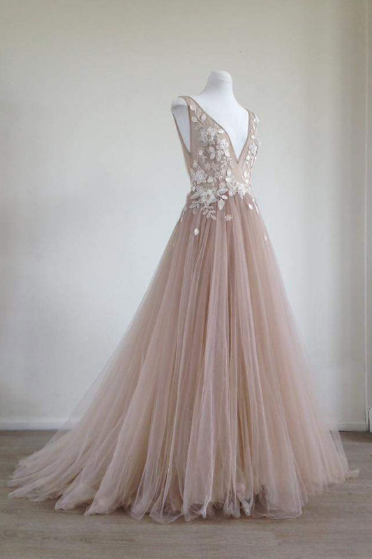 Unique champagne tulle lace applique long prom dress, champagne evening dress
