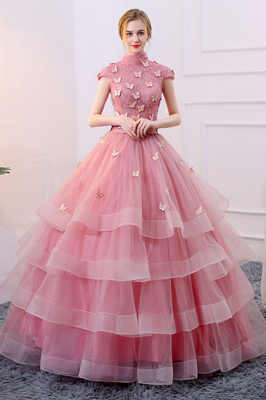 Unique pink tulle long prom dress, pink evening dress