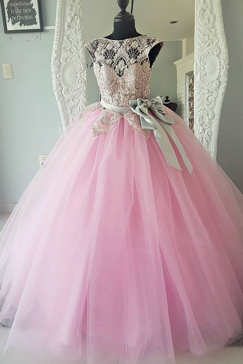 Pink round neck tulle lace beads long prom dress, pink evening dress