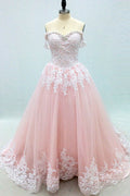 Pink sweetheart neck tulle lace long prom dress, pink tulle evening dress