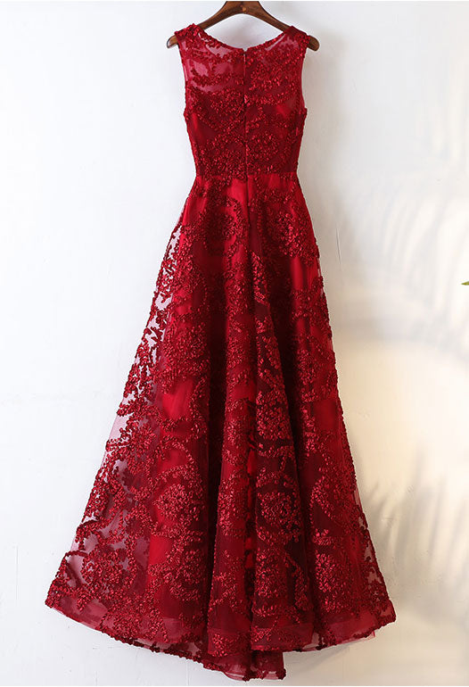Burgundy round neck lace long prom dress, burgundy evening dress