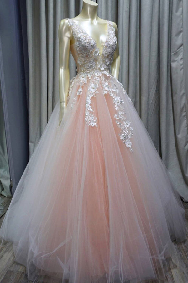 Pink v neck tulle lace applique long prom dress, pink tulle evening dress