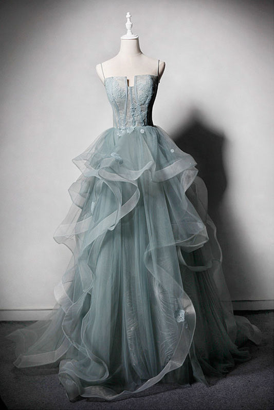 Green tulle lace long prom dress, green evening dress
