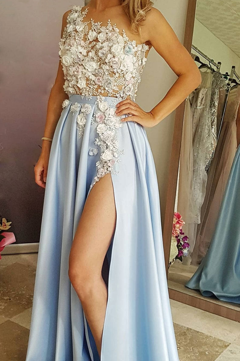 Blue lace satin long prom dress, blue evening dress