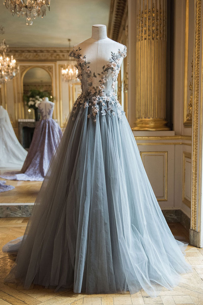 Elegant round neck tulle lace applique long prom dress, gray evening dress