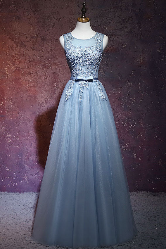 Gray blue tulle lace long prom dress, blue tulle evening dress