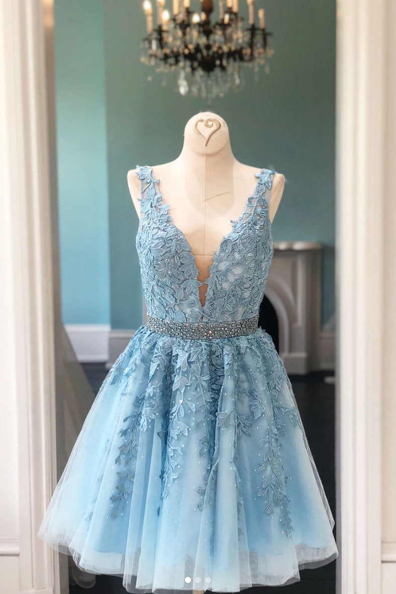 Blue v neck lace tulle short prom dress, blue homecoming dress