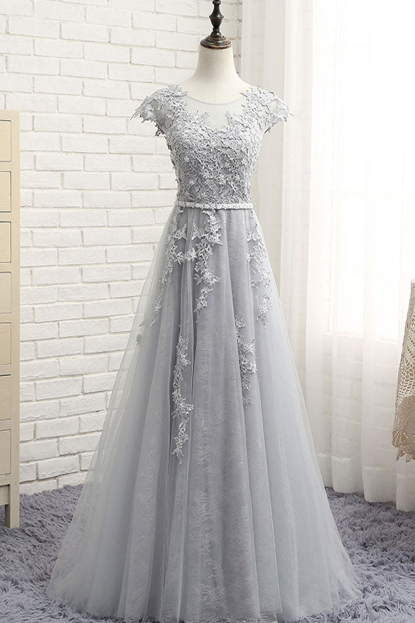 Gray round neck lace applique long prom dress, gray evening dress