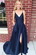 Dark blue v neck satin long prom dress, blue evening dress