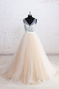 Champagne v neck lace tulle long prom dress, champagne wedding dress