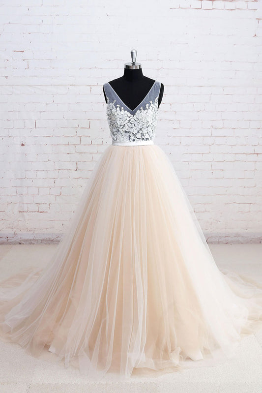 Champagne v neck lace tulle long prom dress, champagne wedding dress