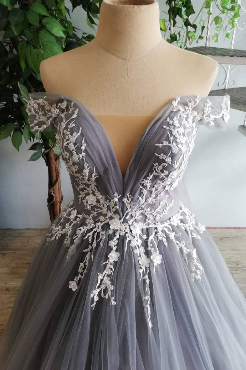 Gray tulle lace long prom dress, gray tulle lace formal dress