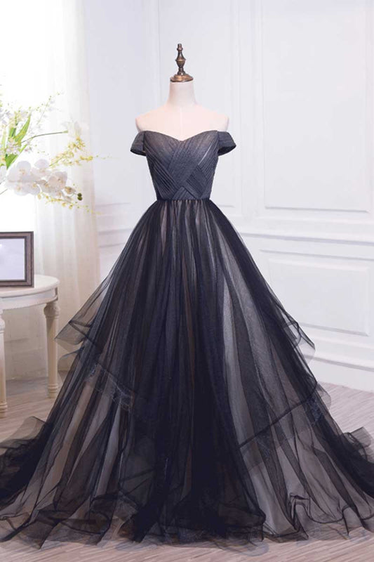 Black off shoulder tulle long prom dress, black evening dress