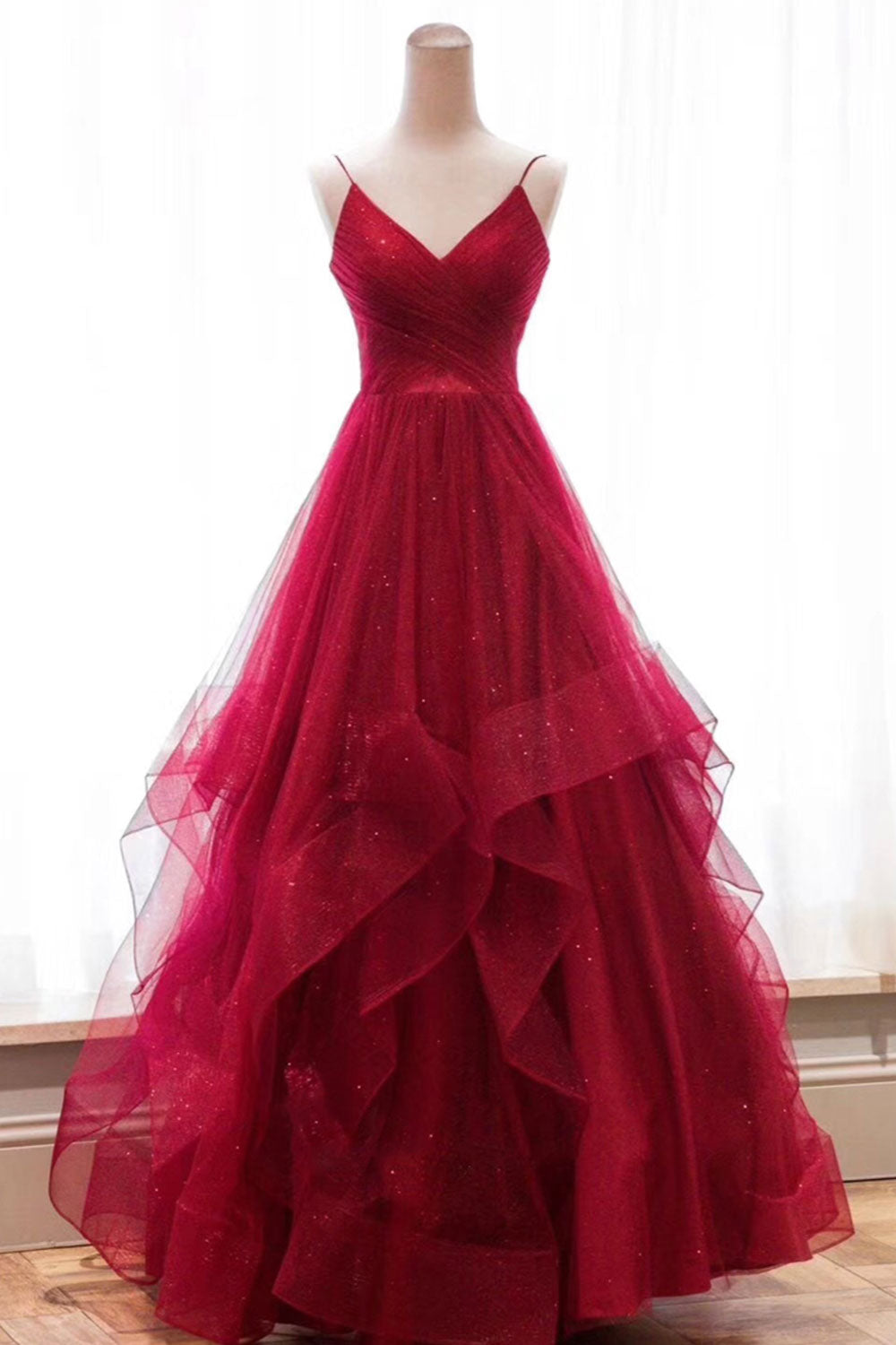 Burgundy v neck tulle long prom dress, burgundy evening dress