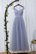 Gray Blue tulle off shoulder long prom dress, tulle evening dress