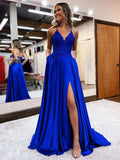 Blue satin v neck lace long prom dress, blue evening dress