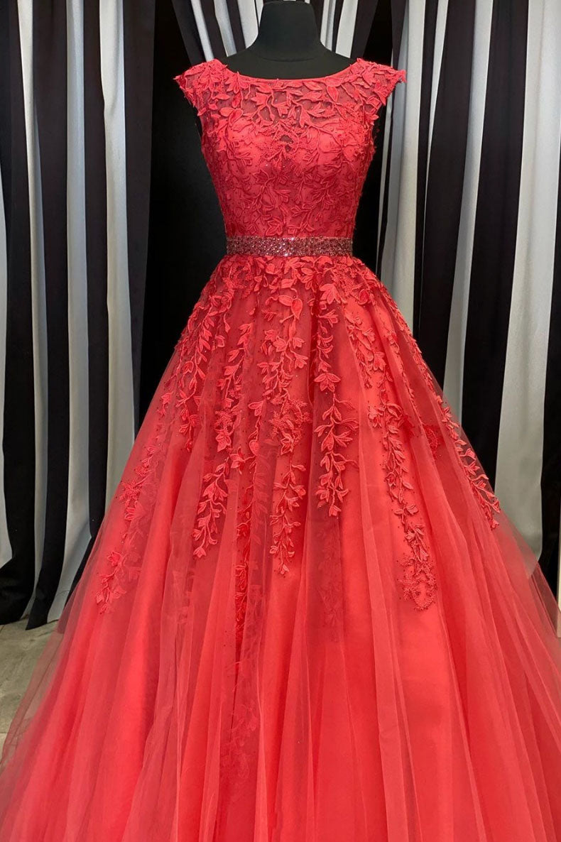 Red round neck tulle lace long prom dress red evening dress