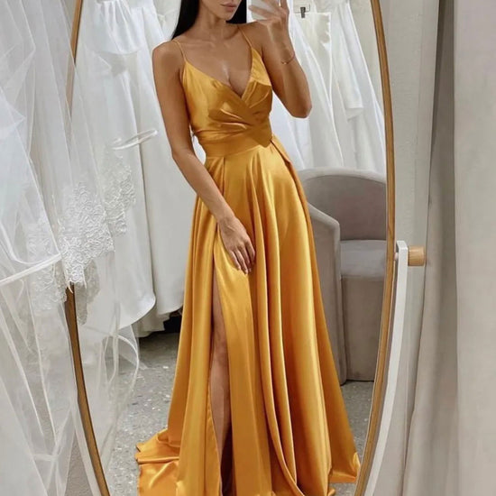 Simple v neck satin yellow long prom dress yellow evening dress – dresstby