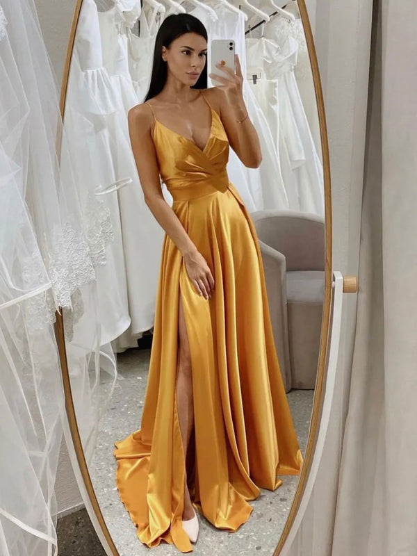 Simple v neck satin yellow long prom dress yellow evening dress