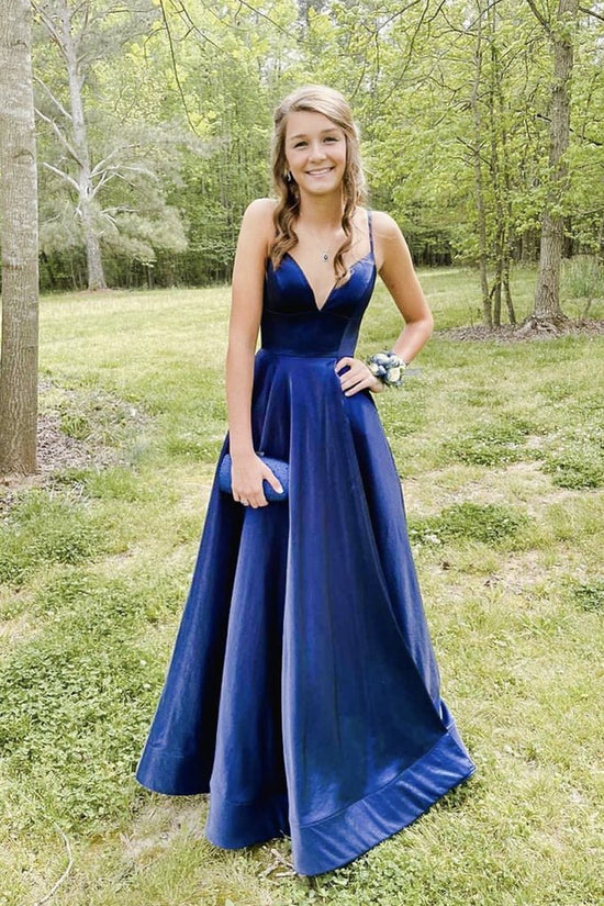 Simple blue v neck satin long prom dress blue formal dress – dresstby