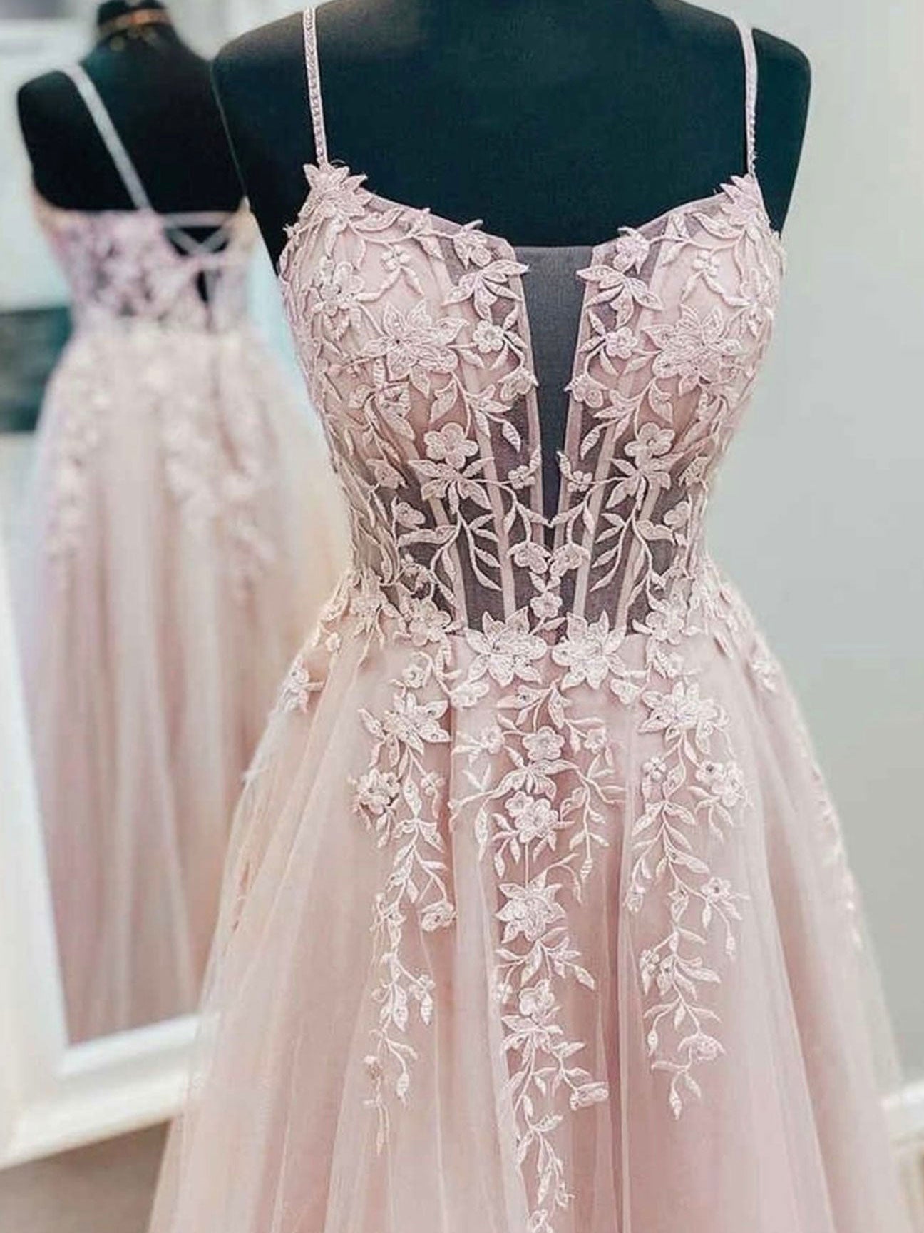 Pink tulle lace long prom dress, tulle lace evening dress