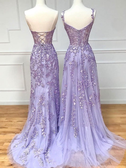 Purple Lace Long Prom Dress