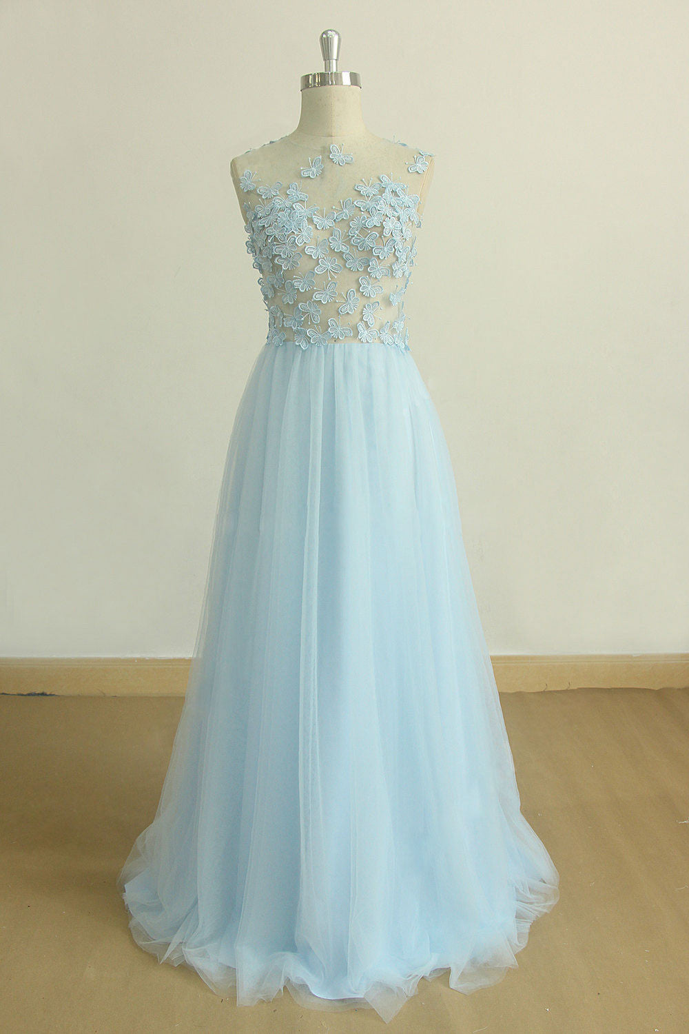 Blue round neck tulle long prom dress, tulle evening dress