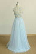 Blue round neck tulle long prom dress, tulle evening dress