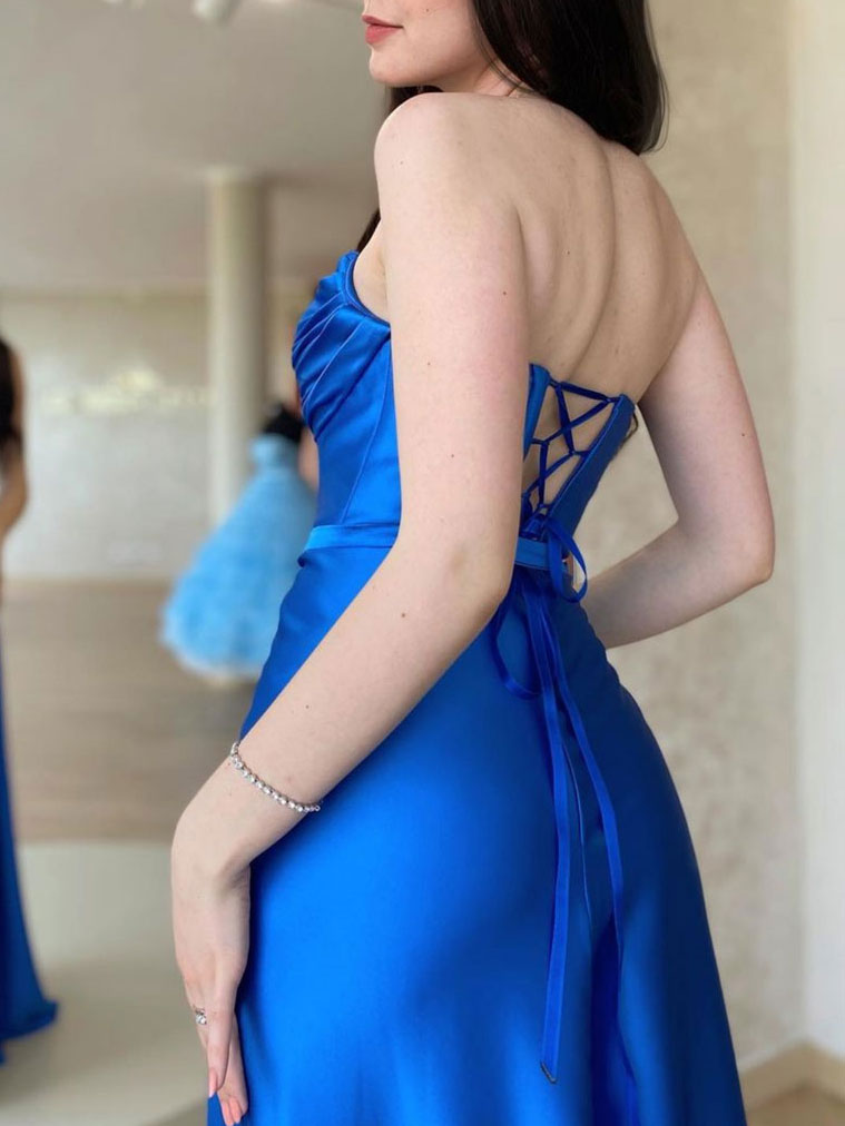 Simple blue satin long prom dress blue formal party dress