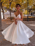 Aline V Neck White Prom Dresses, Satin Tea Length White Formal Wedding Party Dress