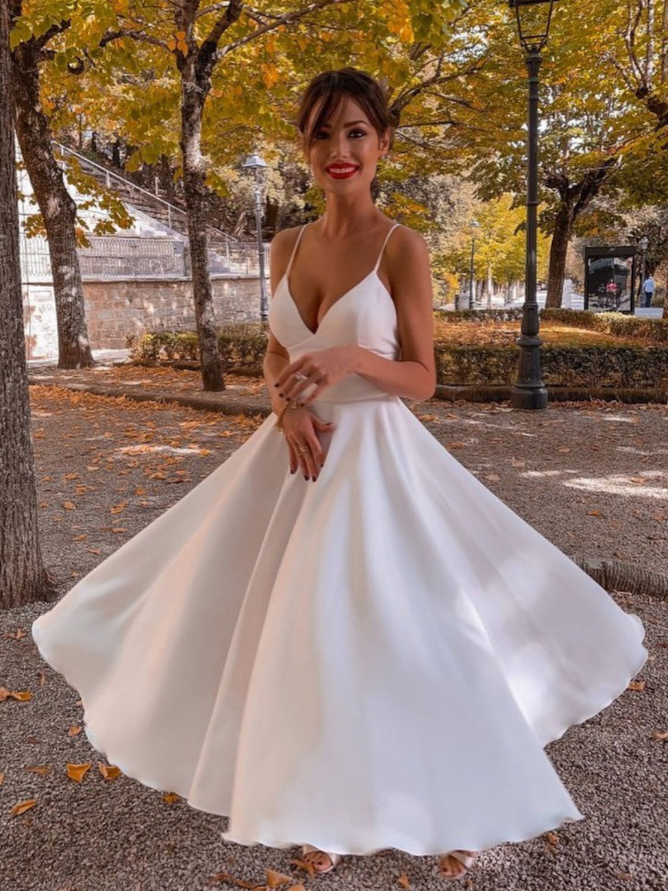Aline V Neck White Prom Dresses, Satin Tea Length White Formal Wedding Aline V Neck White Prom Dresses, Satin Tea Length White Formal Wedding