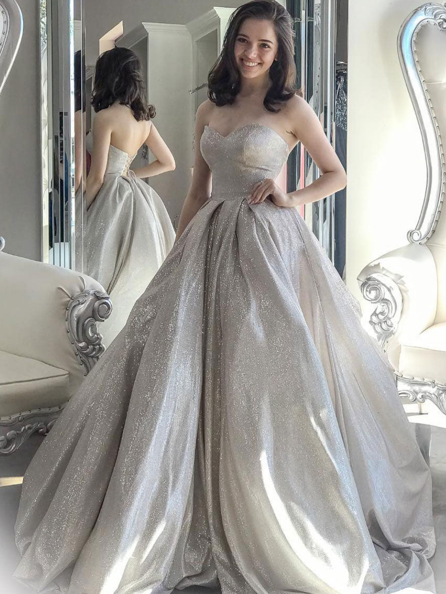 Gray sweetheart neck tulle sequin long prom dress gray formal dress