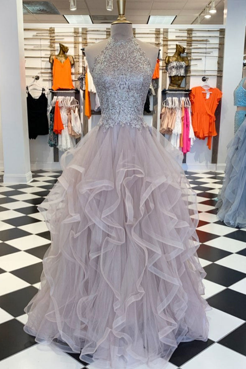 Unique high neck tulle lace long prom dress lace evening dress