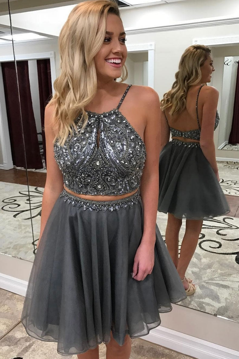 Gray two pieces beads short chiffon prom dress, gray homecoming dress