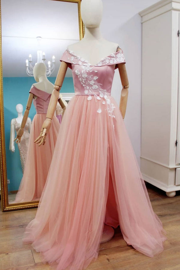Pink tulle off shoulder prom dress, pink bridesmaid dress