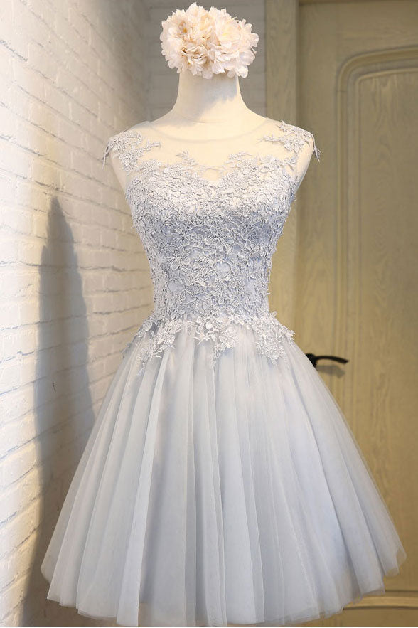 Simple round neck lace applique tulle short prom dress, homecoming dress