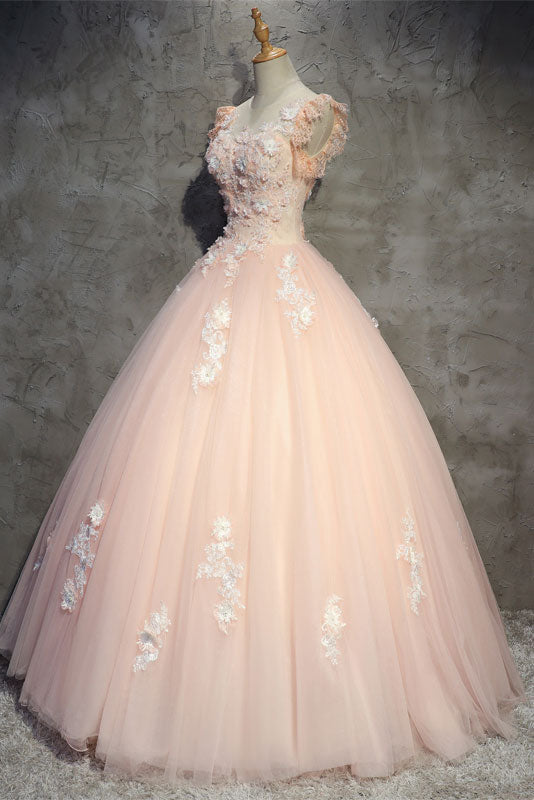 Pink tulle lace long prom dress, pink tulle evening dress dresstby Pink tulle lace long prom dress, pink tulle evening dress dresstby
