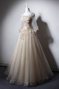 Champagne round neck tulle long prom dress, tulle evening dress