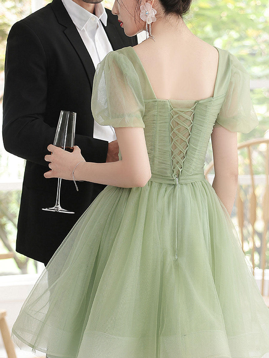 Green tulle short prom dress, green homecoming dress