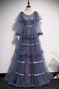 Unique round neck tulle long prom dress tulle evening dress