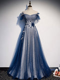 Blue tulle lace sequin long prom dress, blue tulle formal dress