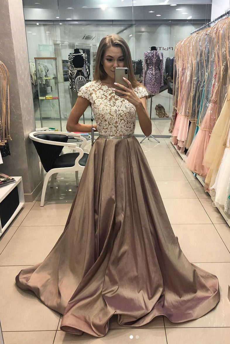 Champagne satin lace long prom dress, champagne evening dress