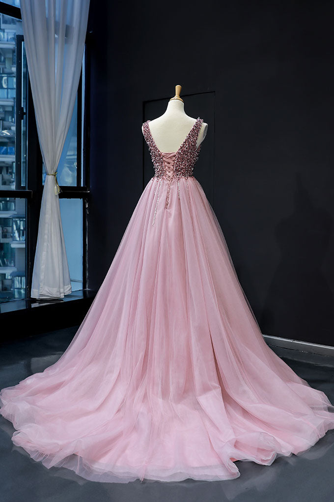 Pink tulle sequin v neck long prom dress tulle sequin pink formal dress