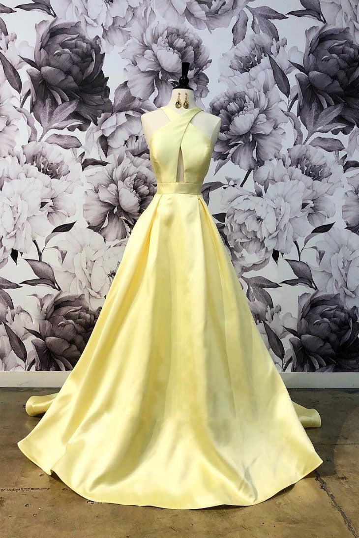 Simple yellow satin long prom dress, yellow evening dress – dresstby