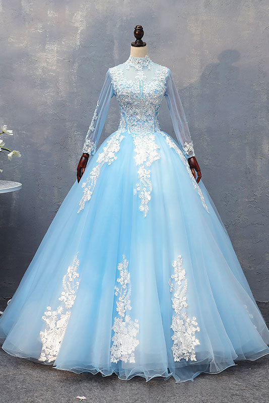 Blue tulle lace long prom dress, blue tulle lace evening dress – dresstby