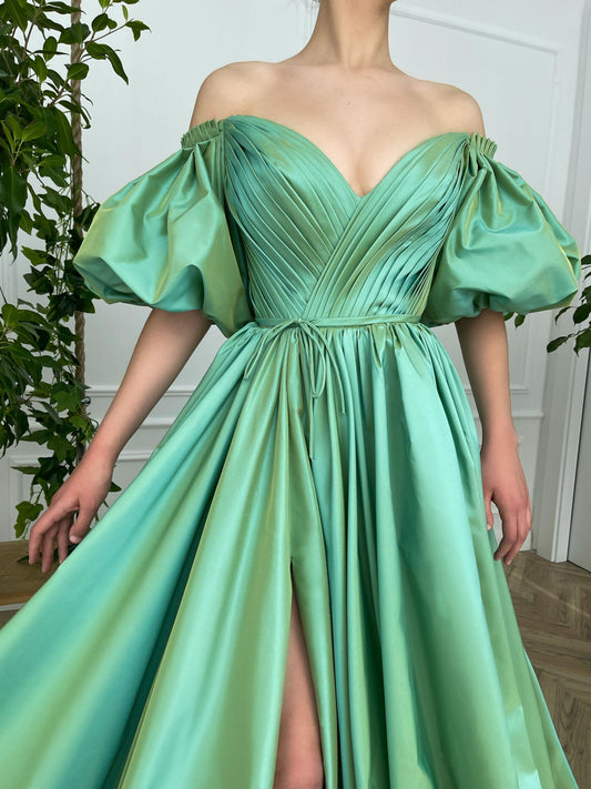 Simple green satin long prom dress, green evening dress