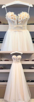 Champagne tulle lace long prom dress tulle lace evening dress